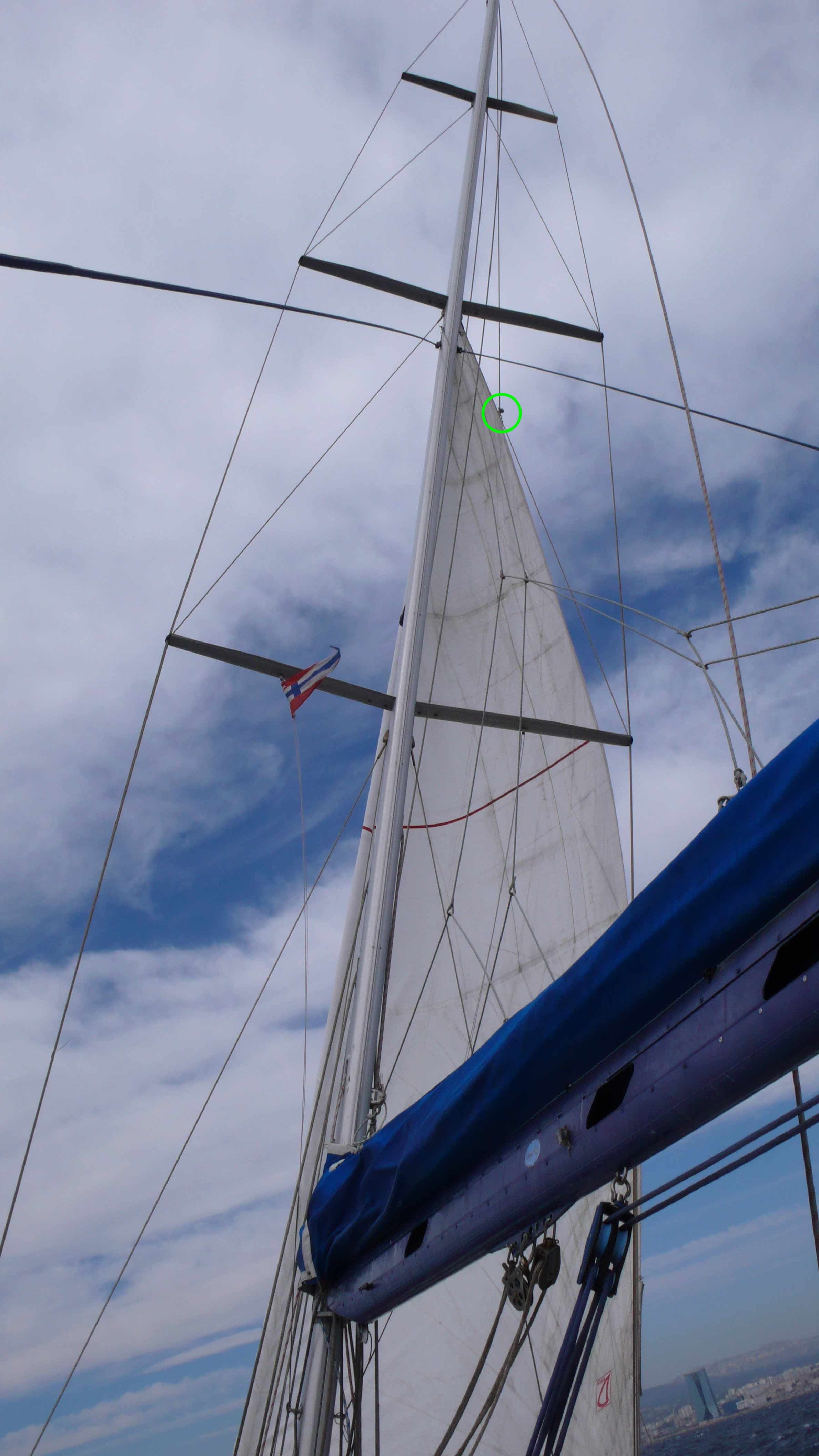 Voile d’avant enroulée photographiée depuis le pont, avec son profil aplati.